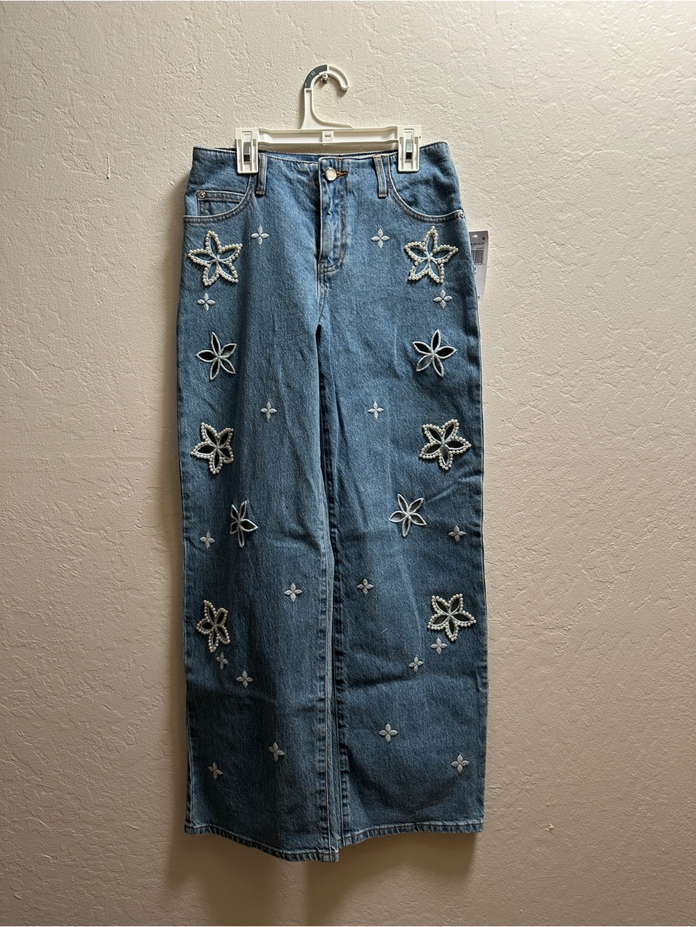Avec Les Filles Floral Cutout Denim with Pearl Embellishing and Embroidery